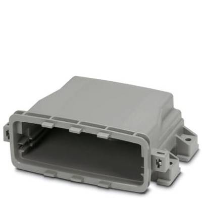 Šedý obdélníkový plastový kryt s otevřenými přípojkami, používaný pro elektrické propojení nebo zabezpečení komponentů.
