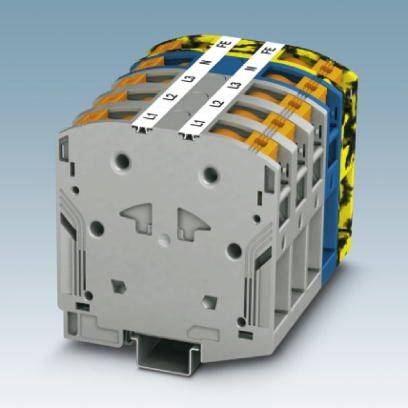 Vícepatrový řadový svorkovnicový blok s označeními L1, L2, L3, N, PE na barevně rozlišených segmentech, určený pro montáž na DIN lištu.