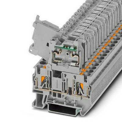 Hromada průmyslových elektrických svorkovnic v šedé a oranžové barvě. Jsou určeny pro distribuci elektřiny v rozváděčích.