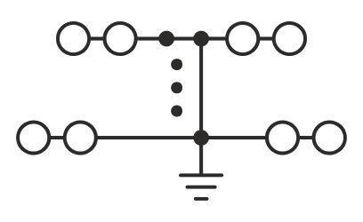 Schéma zapojení: Symboly pro sériové zapojení s uzemněním. Propojení jsou znázorněna čarami a uzly.