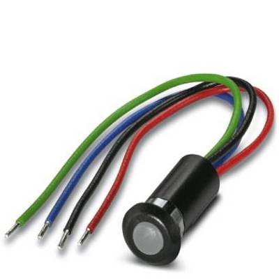 Černý válec se čtyřmi vyčnívajícími kabely v barvách zelené, červené, modré a černé. Pravděpodobně elektrický snímač.