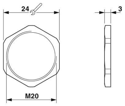 Technický výkres šestihranné matice M20. Rozměry: šířka 24 mm, výška 3 mm. Zobrazeno z bočního a horního pohledu.
