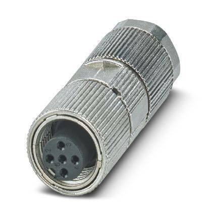 Na obrázku je válcový kovový konektor s několika kolíky, což je typický design pro průmyslové nebo elektronické spoje.