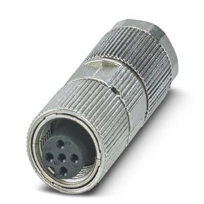 Na obrázku je válcový kovový konektor s několika kolíky, což je typický design pro průmyslové nebo elektronické spoje.