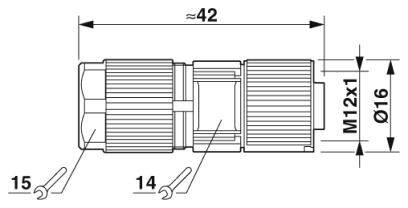 Technický výkres konektoru s rozměry: délka cca 42 mm, závit M12x1, průměr Ø16 mm, nástroje 14 a 15.