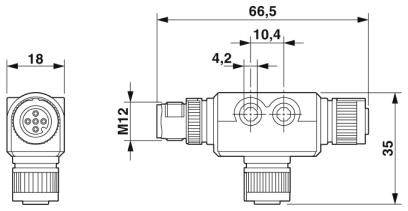 Technický výkres elektrického konektoru se závitem M12, se dvěma rozměry: délka 66,5 mm a výška 35 mm.