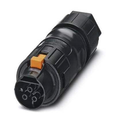 Černý elektrický konektor s více kolíky a oranžovým posuvníkem, vhodný pro průmyslové aplikace.