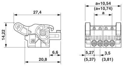 Technický výkres elektrického konektoru s rozměry. Vlevo: 27,4 mm široký, 14,22 mm vysoký. Vpravo: šířka a + 10,54 mm.
