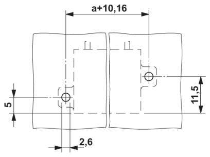 Technický výkres dvou obdélníkových objektů s rozměry. Vzdálenost: a+10,16 mm horizontálně, 11,5 mm vertikálně, 2,6 mm mezera.