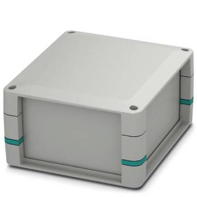 Obdélníkový šedý plastový kryt se zaoblenými rohy a modrými pruhy po stranách. Používá se pro elektronická zařízení.