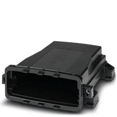 Černý obdélníkový plastový kryt vhodný pro elektroniku, zobrazený na bílém pozadí.
