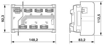 Technický výkres elektronického zařízení s rozměry: šířka 148,2 mm, výška 92,3 mm, hloubka 83,2 mm. Viditelné konektorové spoje.