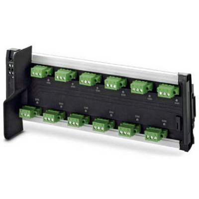 Elektronický modulový systém s několika zelenými propojovacími konektory, namontovaný na černé liště.