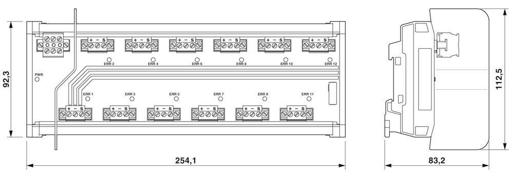 Technický výkres elektrického připojovacího modulu s rozměry: šířka 254,1 mm, výška 92,3 mm a hloubka 83,2 mm.