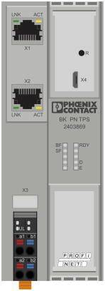 Phoenix Contact BK PN TPS 2403869 - Průmyslový sběrnicový spojovací modul s ethernetovými porty, stavovými indikátory a kompatibilitou s Profinettem.