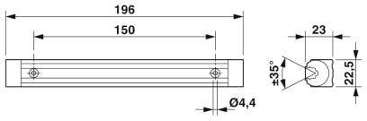 Technický výkres obdélníkového kovového dílu s rozměry: délka 196 mm, šířka 23 mm, otvor Ø4,4 mm. Úhel 35°.