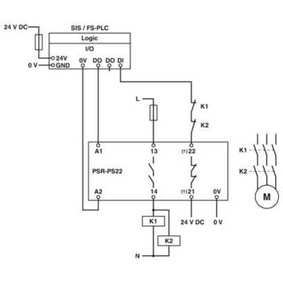 Schéma zapojení ukazuje elektrické propojení relé PSR-PS22 s motorem, ovládaným svorkami, napájeným stejnosměrným napětím 24 V.