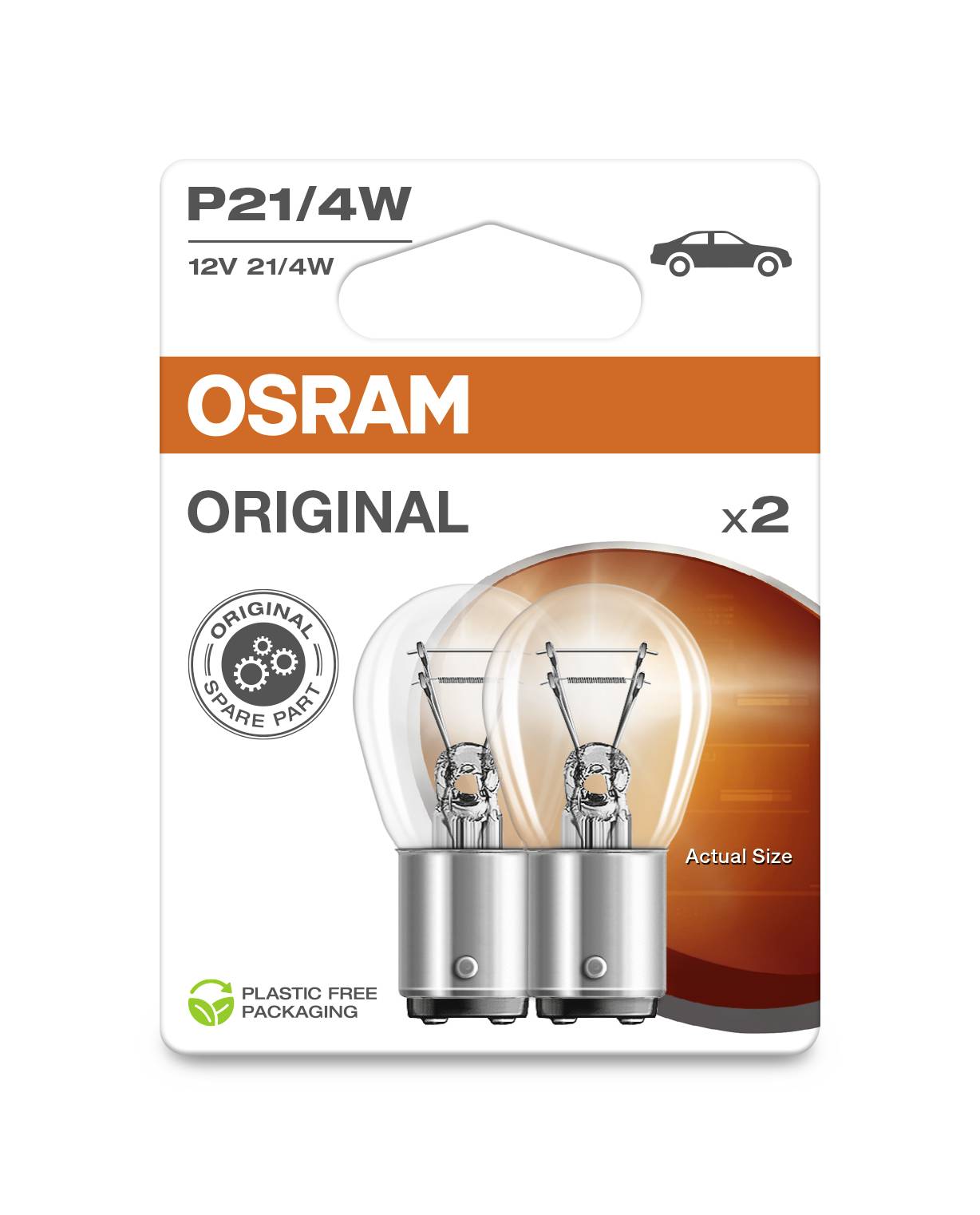 'OSRAM Original' autožárovky, dva kusy, 12V 21/4W. Balení s poznámkou 'Balení bez plastů'. Vhodné pro automobily.