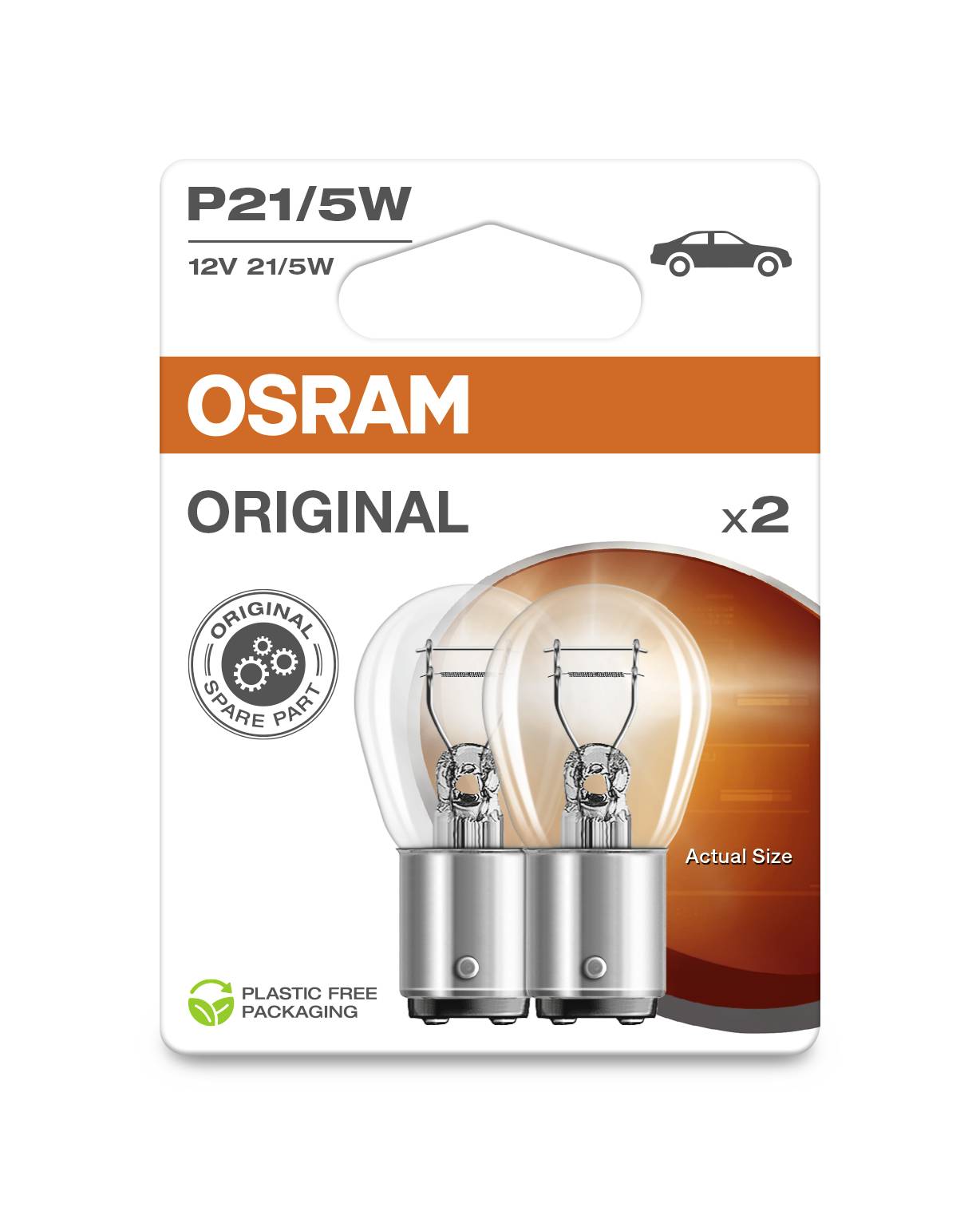 Balení dvou autožárovek OSRAM P21/5W, 12V, s poznámkou 'Originální náhradní díl'. Šetrné k životnímu prostředí, balení bez plastů.