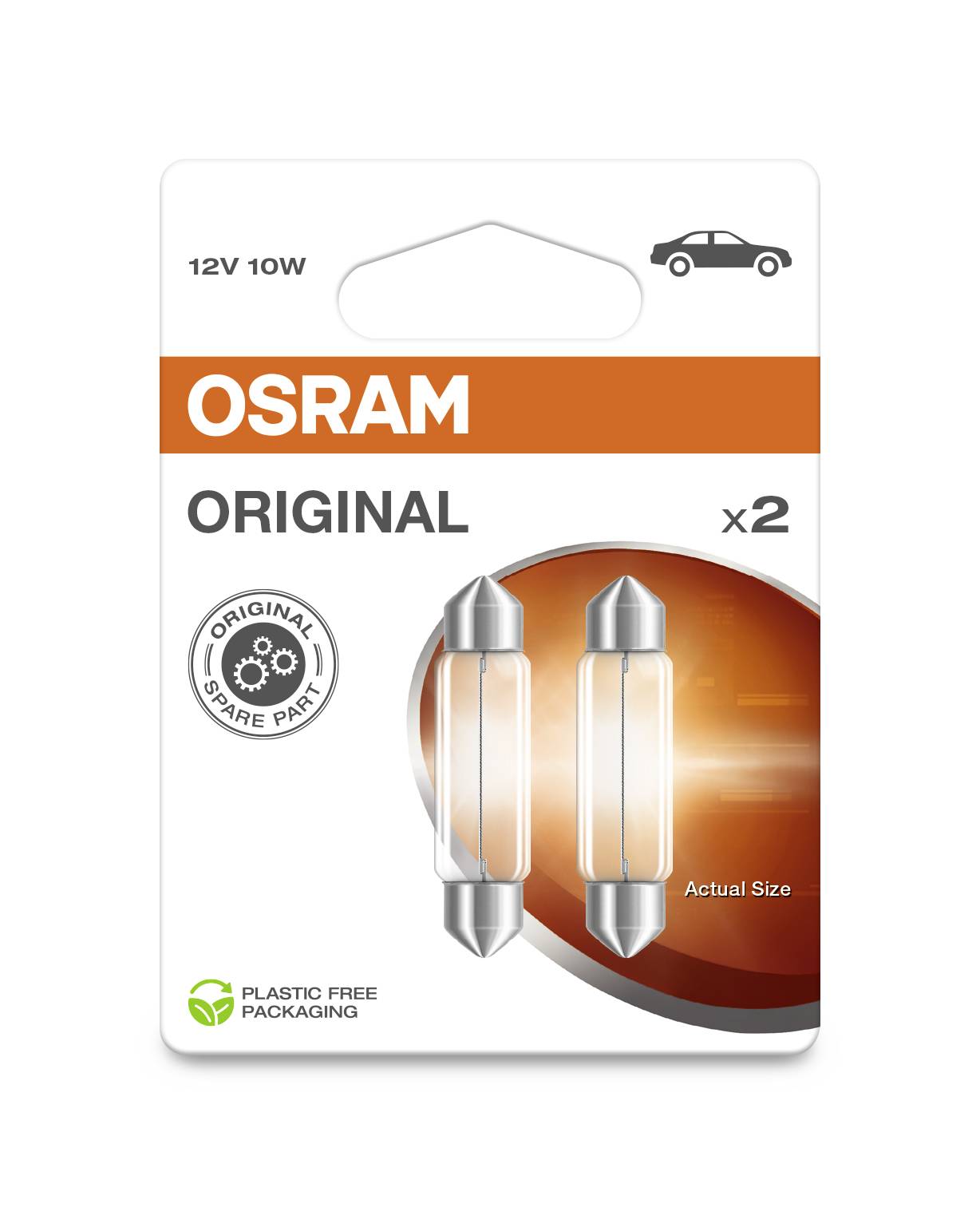 Dvě 12V 10W OSRAM žárovky v obalu bez plastů, jako originální náhradní díl pro automobily. Na obalu je vytištěno 'Actual Size'.