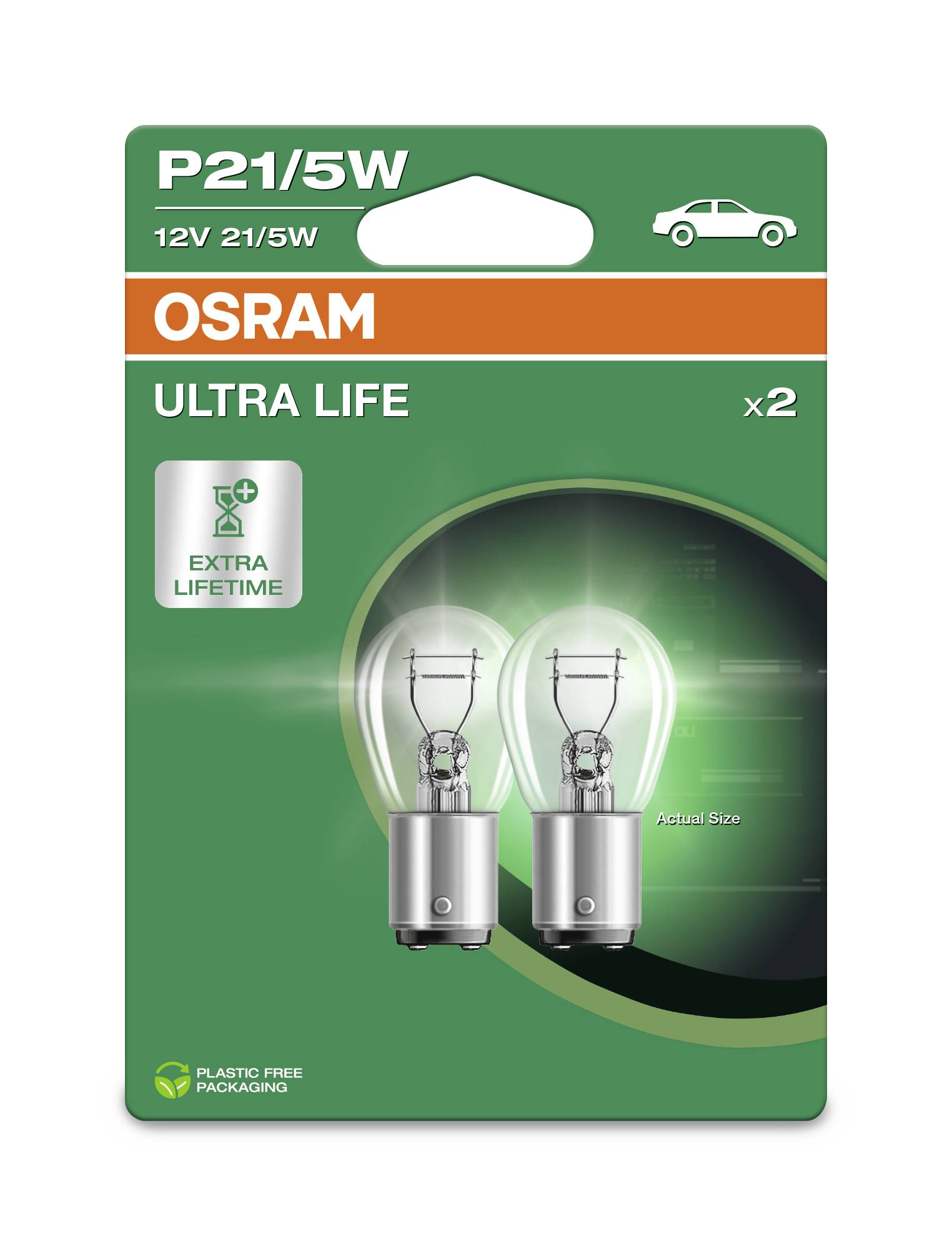 Autožárovky 'OSRAM Ultra Life', P21/5W, 2 kusy, zelený obal s automobilovým symbolem, slibuje mimořádně dlouhou životnost.