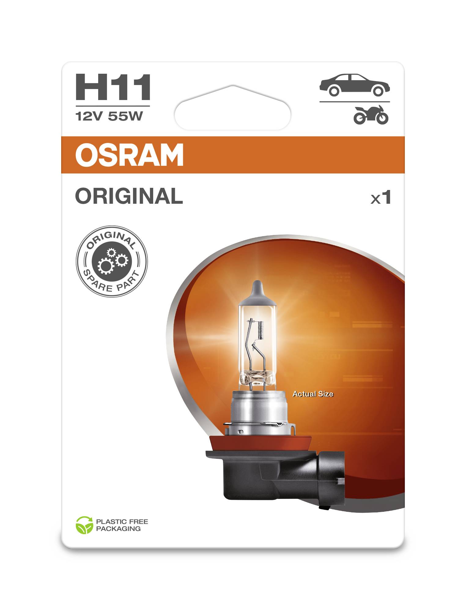 'OSRAM H11 12V 55W'. Obal pro automobilovou žárovku hlavního světlometu, zobrazující obrázek produktu a upozornění na obalový materiál bez plastů.