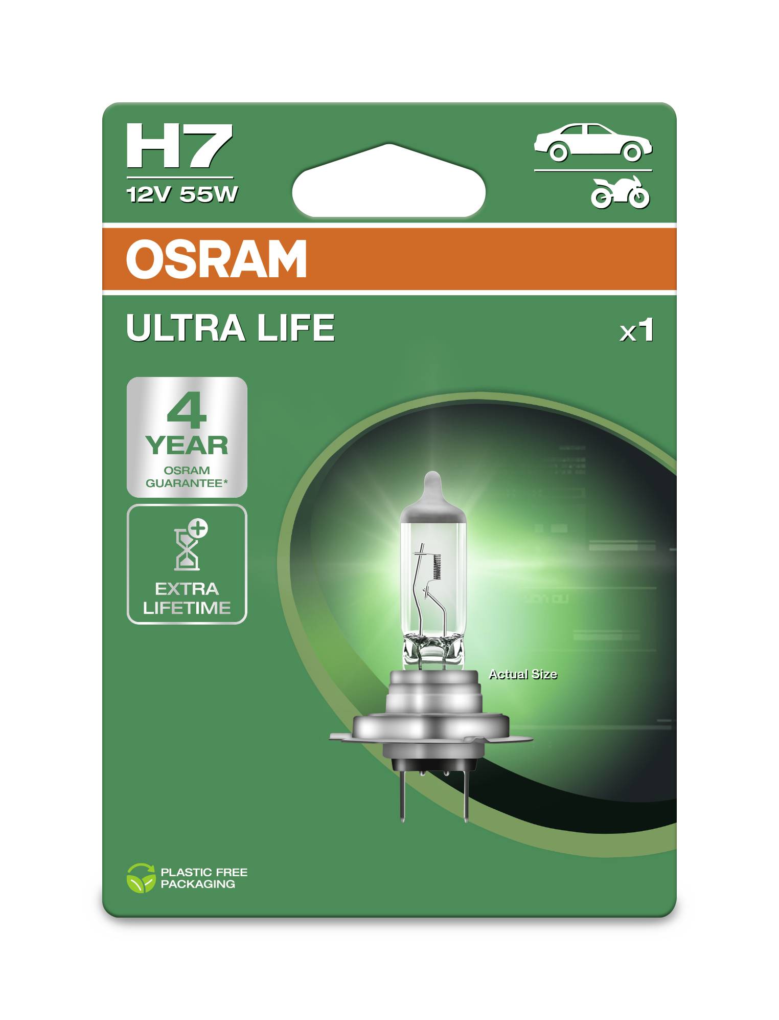 Balení žárovky Osram H7 12V 55W. Text: 'Ultra Life', '4letá záruka Osram', 'Prodloužená životnost'. Balení bez plastů.
