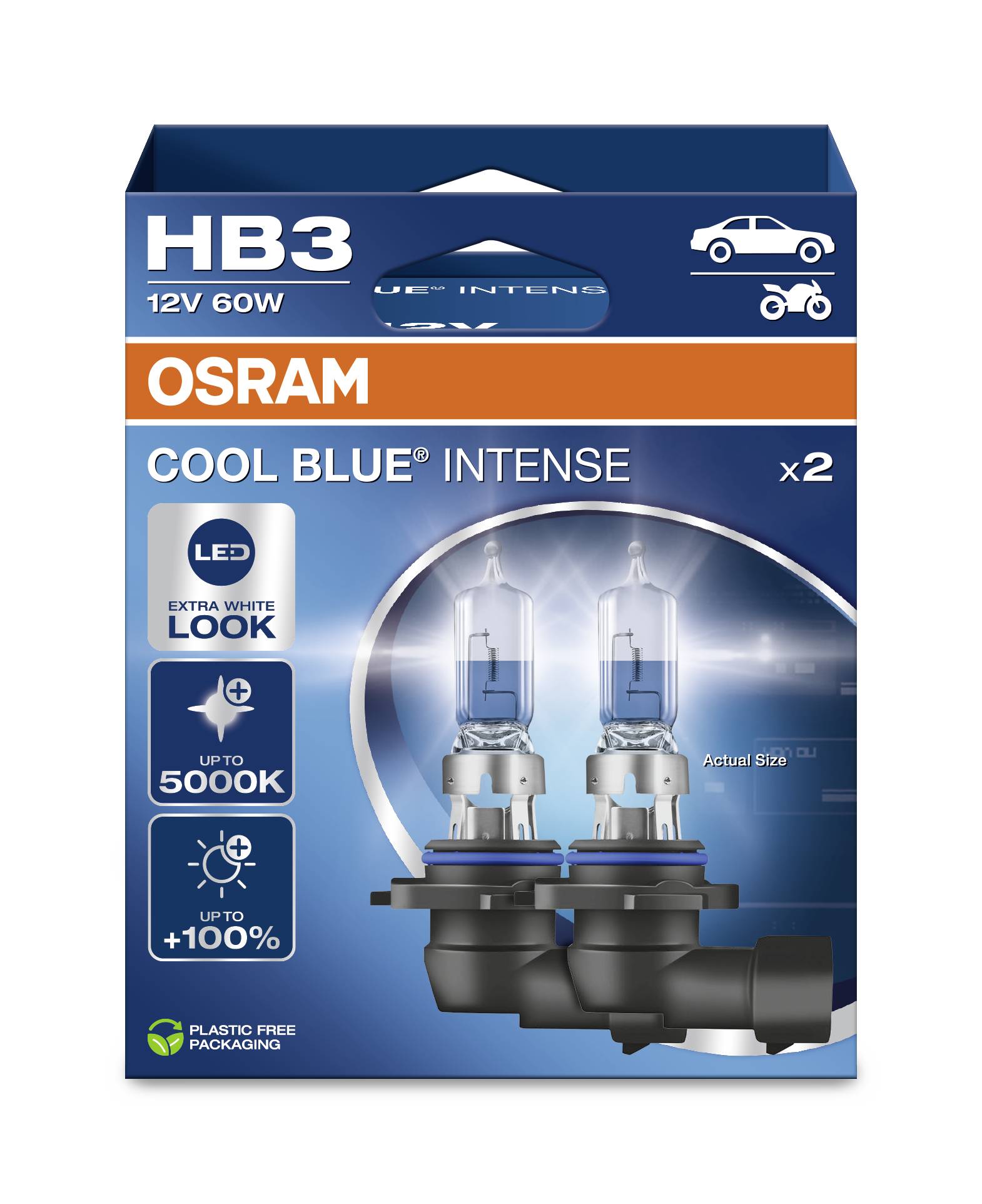 Dva autožárovky 'OSRAM Cool Blue Intense' HB3 pro jasné, bílé světlo až do 5000K, vyobrazené na tmavě modré krabičce.
