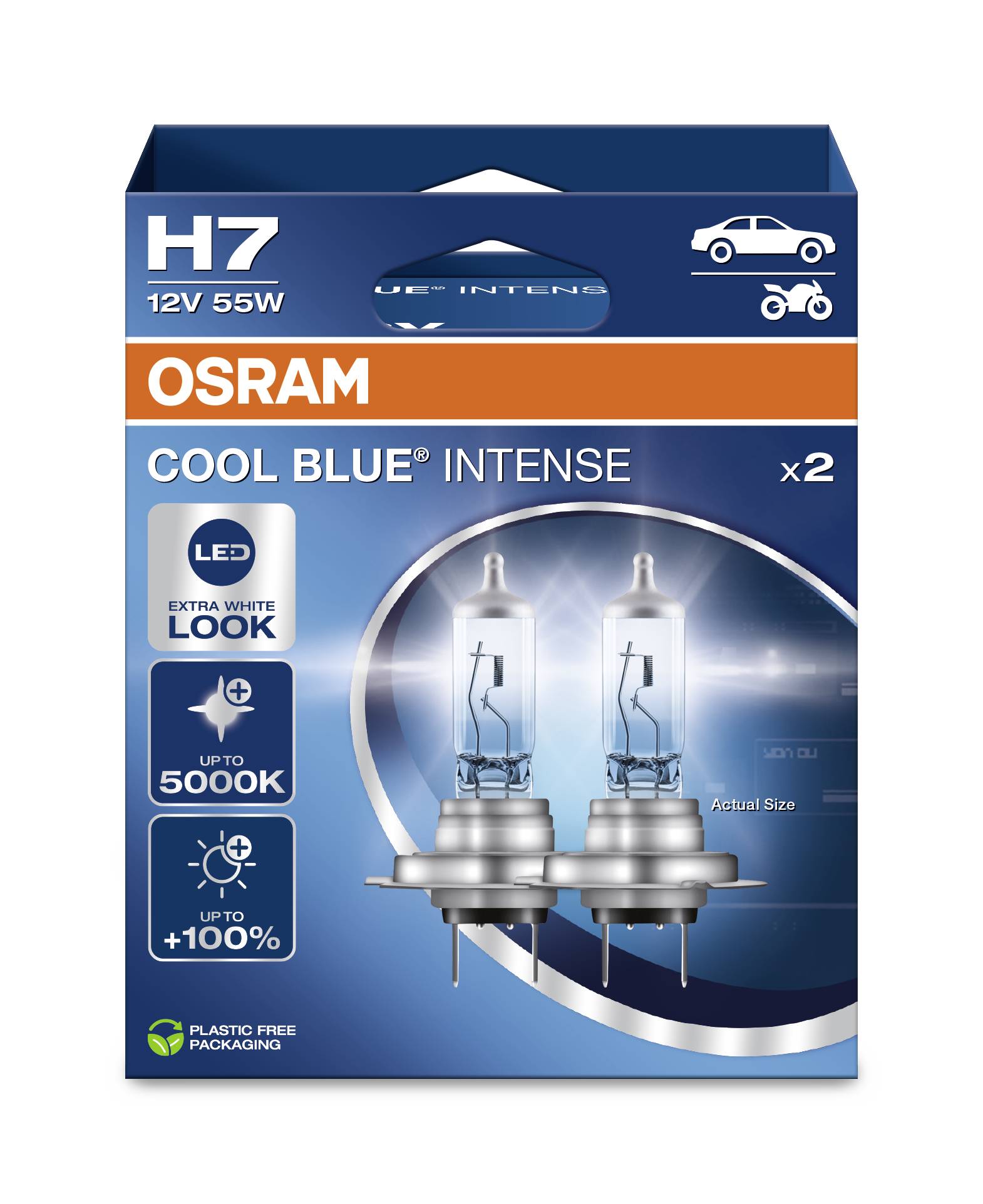 Modrý balíček s nápisem 'OSRAM COOL BLUE INTENSE' zobrazuje dvě halogenové žárovky H7 12V 55W, vhodné pro automobilové světlomety.