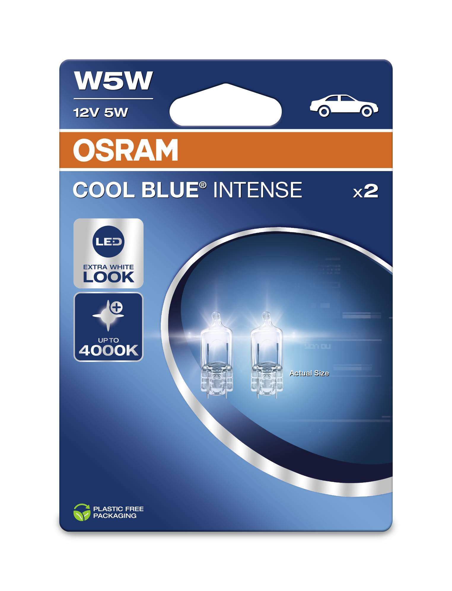 Balení OSRAM Cool Blue Intense W5W 12V 5W autožárovek, zobrazuje dva světlomety a slibuje 'Extra bílý vzhled', vhodné až do 4000K.