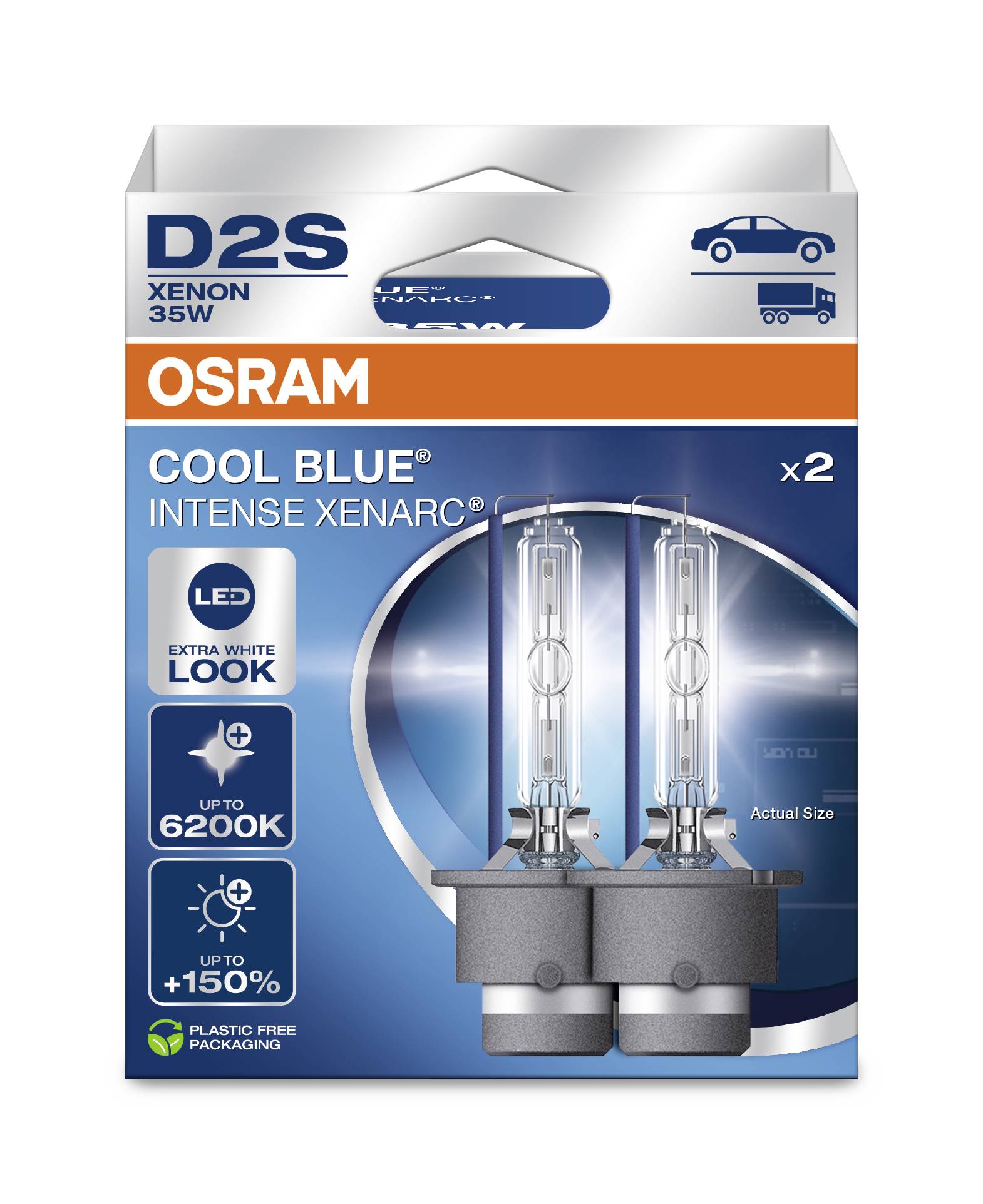 Balení obsahující dvě xenonové autožárovky značky Osram, model 'D2S Cool Blue Intense', určené pro jasné bílé světlo s teplotou barev až 6200K.