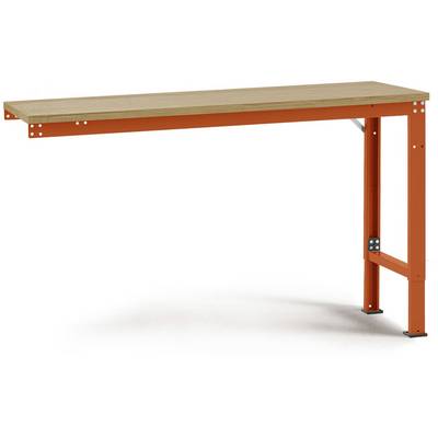 Dřevěný stůl s oranžovýma kovovýma nohama, moderní design.