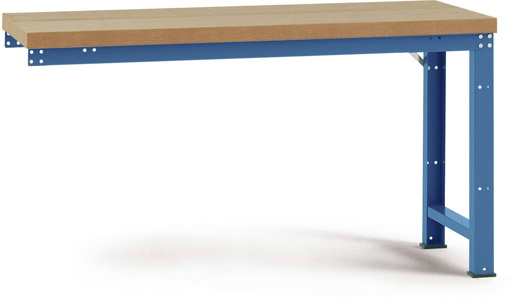 Modrý kovový stůl s dřevěnou deskou, jednoduché designové provedení, částečně podepřený hliníkovým rámem. Vhodný do dílen nebo garáží.