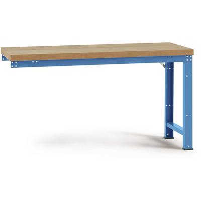 Stabilní stůl s dřevěnou deskou a modrýma kovovýma nohama, ideální do dílen nebo průmyslových prostor.