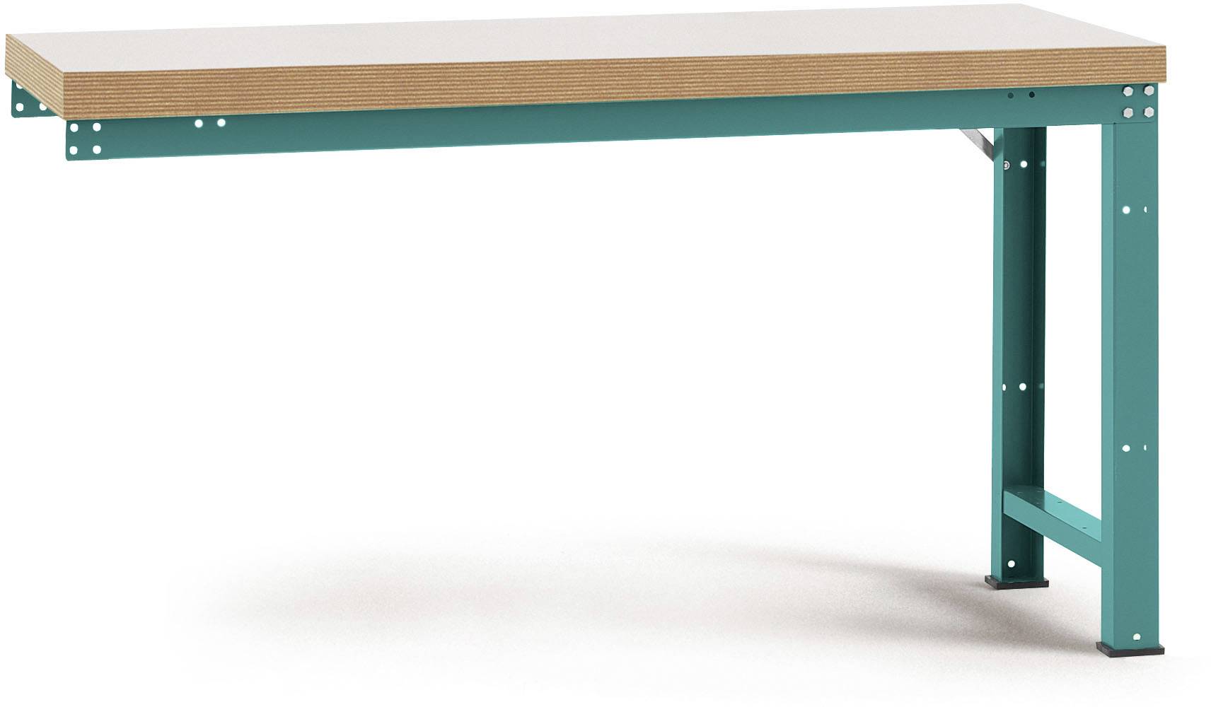 Stabilní stůl s tyrkysovým kovovým rámem a světlou dřevěnou deskou. Elegantní design, ideální pro dílny nebo kanceláře.