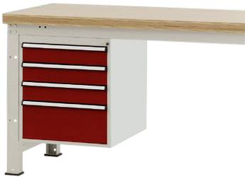Bílý stůl s dřevěným povrchem. Na levé straně jsou pod stolem čtyři červené zásuvky.