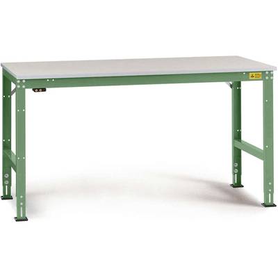 Zelený pracovní stůl s kovovými nohami a šedou stolní deskou, obdélníkového tvaru. Vhodný pro průmyslové nebo řemeslné využití.