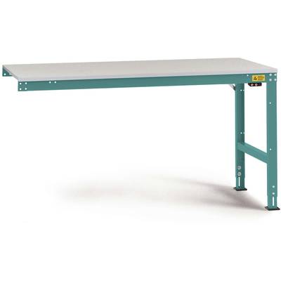 Obdélníkový stůl s tyrkysovými nohami a bílou deskou. Stůl má průmyslový, minimalistický vzhled.
