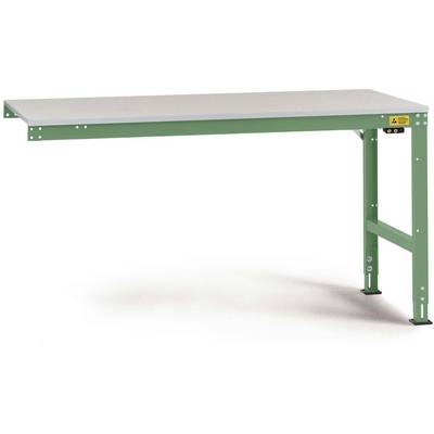 Zelený, robustní pracovní stůl s kovovými nohami a šedou deskou.