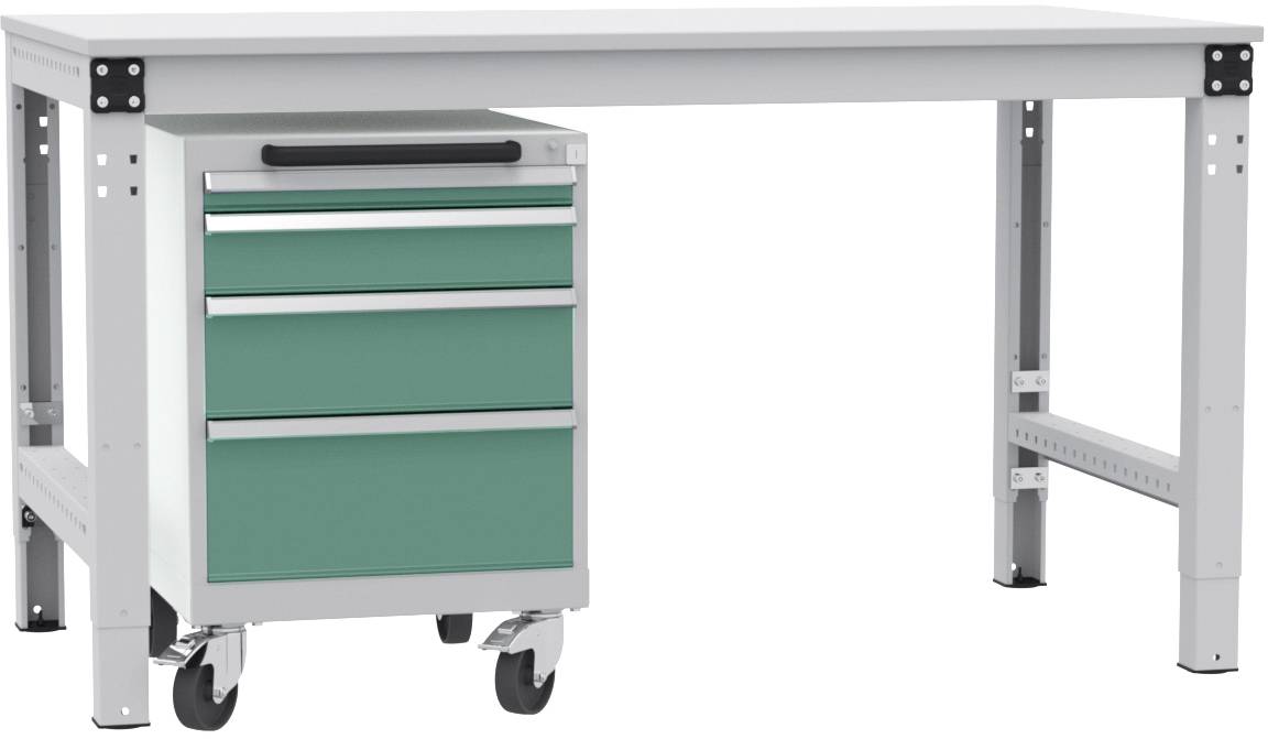 Pracovní stůl s integrovaným pojízdným kontejnerem, třemi zásuvkami, umístěný na kolečkách. Robustní design s kovovým rámem.