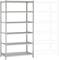 Šedý kovový regál s pěti policemi, vpravo přerušovanými čarami naznačena možnost rozšíření.