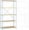 Kovový regál s pěti dřevěnými policemi; vedle přerušované čáry naznačující rozšiřitelné možnosti nebo montážní návod.