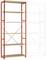 Červenooranžový regál s pěti dřevěnými policemi, vpravo vedle přerušovaná čára znázorňující možnost připojení dalšího úseku regálu.