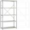 Kovový regál s pěti policemi, vedle něj přerušovaná silueta dalšího regálu znázorňující možnost rozšíření.