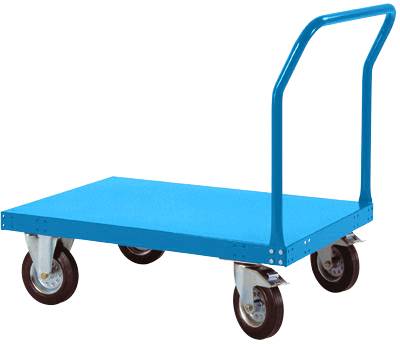 Modrý transportní vozík se čtyřmi koly a rukojetí, vhodný pro přepravu těžkých nákladů ve skladech nebo dílnách.