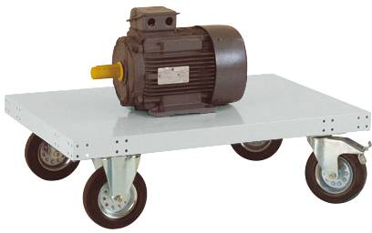 Elektromotor na kovovém pojízdném vozíku se čtyřmi koly, vhodný pro snadnou přepravu v průmyslovém prostředí.