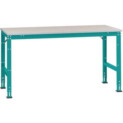 Stabilní pracovní stůl se zeleným kovovým rámem a bílou pracovní deskou, vhodný do dílen nebo laboratoří.