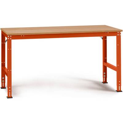 Obdélníkový stůl s hnědou dřevěnou deskou a oranžovou kovovou konstrukcí.