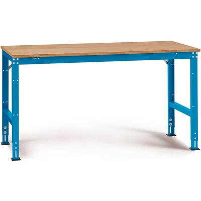 Modrý pracovní stůl s dřevěnou deskou a stabilními kovovými nohami, vhodný do dílen nebo pracovních prostor.