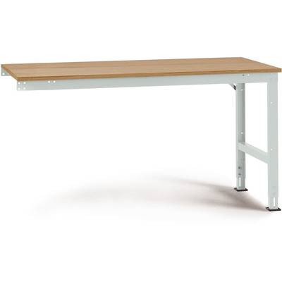 Obdélníkový stůl s dřevěnou deskou a bílýma kovovýma nohama. Moderní, minimalistický designový styl, vhodný do kanceláří nebo studoven.